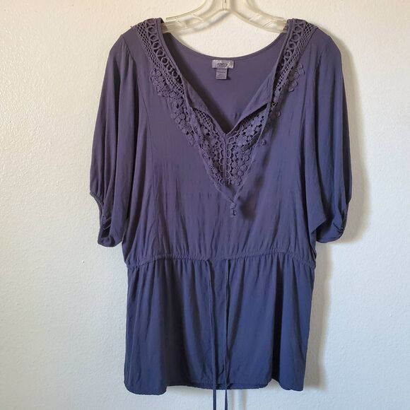 Poetry Peasant Blouse Women's L Gray Blue Short Sleeve Crochet Lace Rayon Boho - Picture 1 of 10